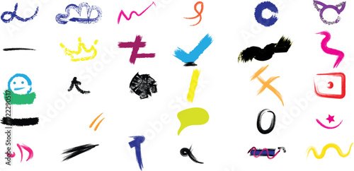 A collection of 25 abstract colorful symbols and marks on a white background