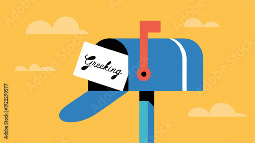 Blue mailbox with spam mail on a sunny day with clouds