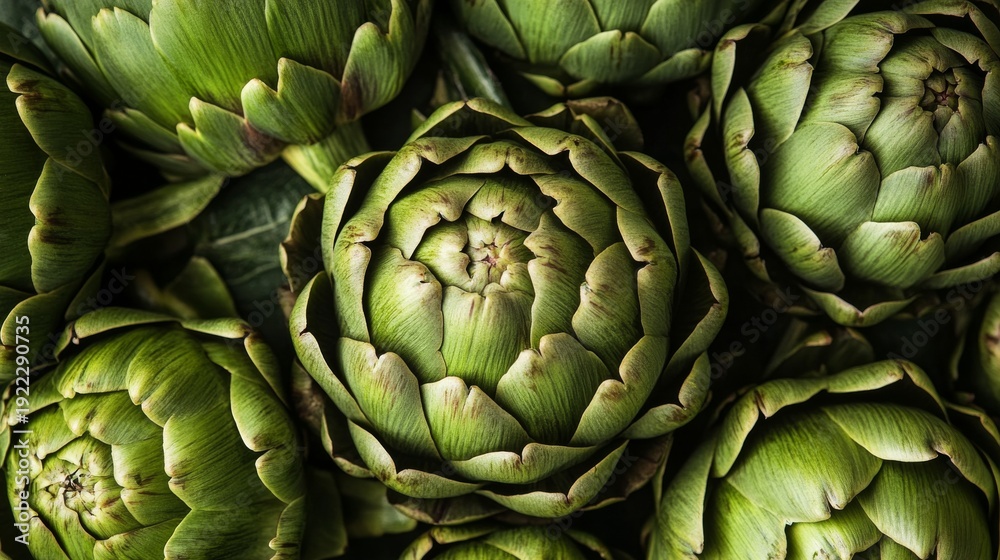 Obraz premium Close up of artichokes arranged in a circular pattern taken from above in a kitchen or garden setting