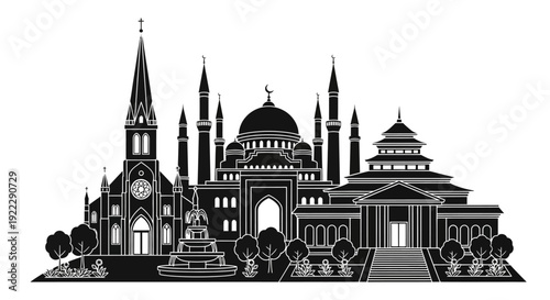 Architectural Harmony of Worship Diverse Religious Structures Forming a United City Skyline Vector Illustration