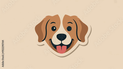 Cartoon dog face illustration with smiling expression brown and white fur and tongue out on a beige background perfect for pet themed designs