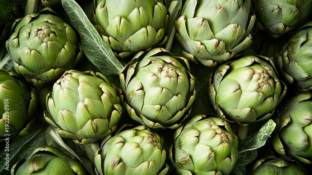 Obraz premium Close up view of fresh artichokes on a green surface ready for cooking and eating