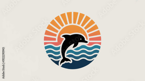 Dolphin jumping out of ocean waves at sunset with vibrant orange and pink hues in background