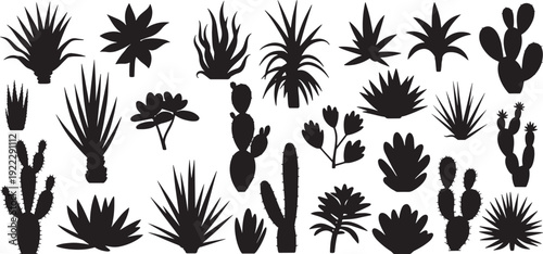 silhouettes various desert plants and succulents. yucca plants,cacti, agaves, a Joshua tree, and prickly pears, southwestern botanical vector set