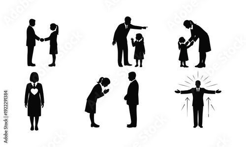 Etiquette social interaction and respect silhouette set vector illustration and line art