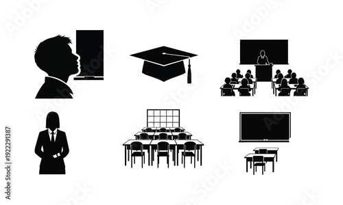 Educational vector silhouette illustration set, line art of students, teacher, and classroom