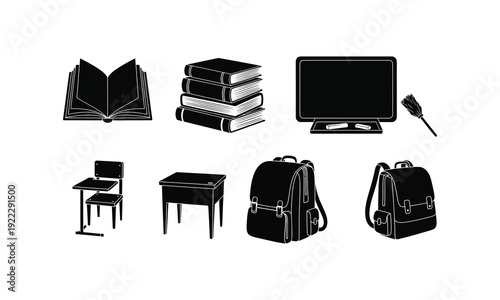 School supplies vector silhouette illustration set, line art of books, desk, and backpacks