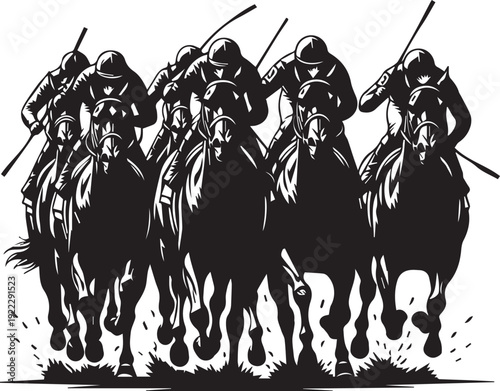 Galloping horse race competition with jockeys, dynamic line art vector silhouette illustration