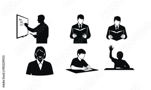 Students and teacher learning in classroom silhouettes set vector illustration line art