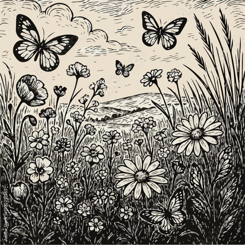 Hand-drawn ink illustration depicting a picturesque meadow scene abundant with diverse wildflowers and graceful butterflies soaring under a cloudy sky.