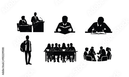 Students and teachers silhouettes in classroom and study settings vector illustration