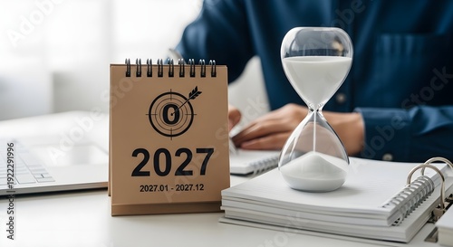 A desk setup featuring a calendar for 2027 and an hourglass with sand running out