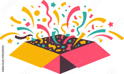 Vibrant colorful box with confetti and stars exploding out celebration and excitement concept