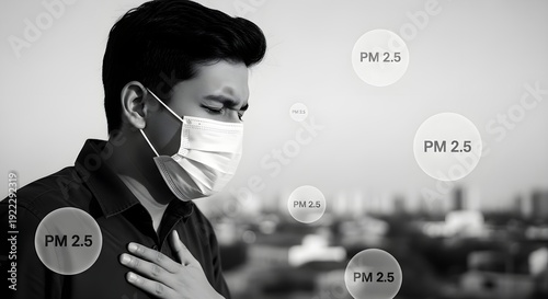 A man wearing a face mask in an urban setting surrounded by PM 2.5 pollution