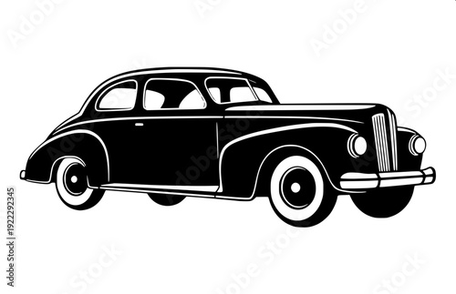 Minimalist black silhouette illustration of a vintage classic car, early 1900s automobile design, detailed spoked wheels, side-mounted spare tire, flat solid black cutout style, isolated on white back