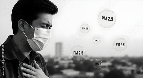 A man wears a protective mask amidst pollution with PM 2.5 particles floating around him.