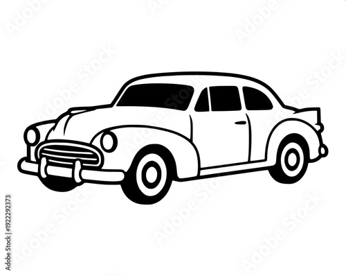 Minimalist black silhouette illustration of a vintage classic car, early 1900s automobile design, detailed spoked wheels, side-mounted spare tire, flat solid black cutout style, isolated on white back