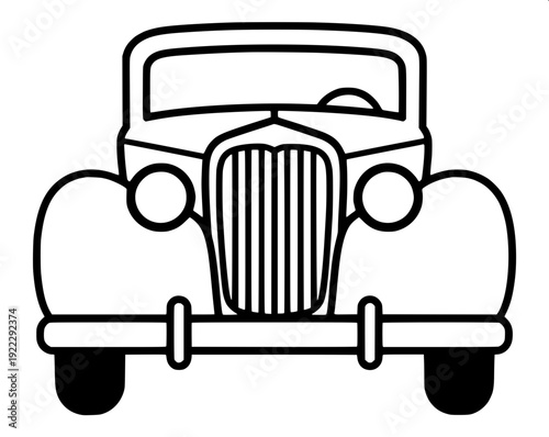 Minimalist black silhouette illustration of a vintage classic car, early 1900s automobile design, detailed spoked wheels, side-mounted spare tire, flat solid black cutout style, isolated on white back