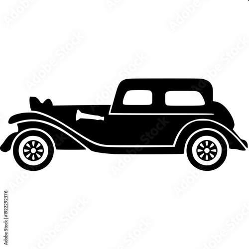 Minimalist black silhouette illustration of a vintage classic car, early 1900s automobile design, detailed spoked wheels, side-mounted spare tire, flat solid black cutout style, isolated on white back
