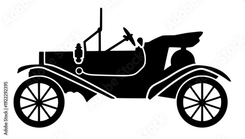 Minimalist black silhouette illustration of a vintage classic car, early 1900s automobile design, detailed spoked wheels, side-mounted spare tire, flat solid black cutout style, isolated on white back