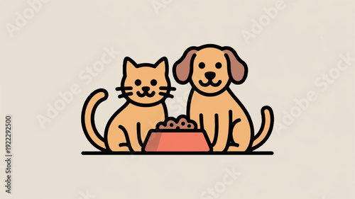 Friendly cat and dog sharing food bowl together cute cartoon illustration for pet love and companionship concepts