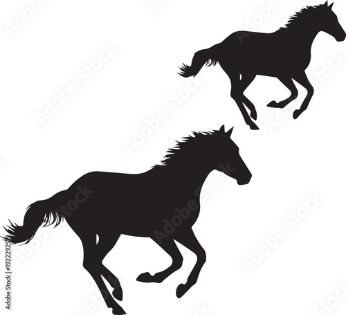 Two running horses vector silhouette illustration line art galloping mares