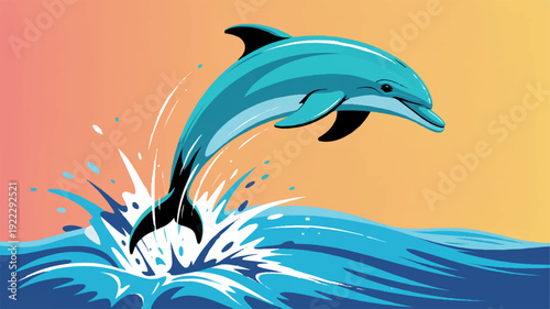Dolphin jumping out of ocean waves with splash sunset background freedom and joy