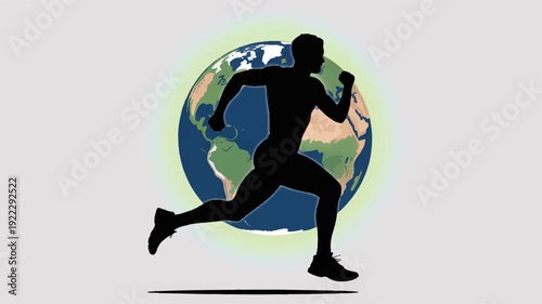 Man running in front of earth globe symbolizing global fitness and athleticism with a dynamic motion