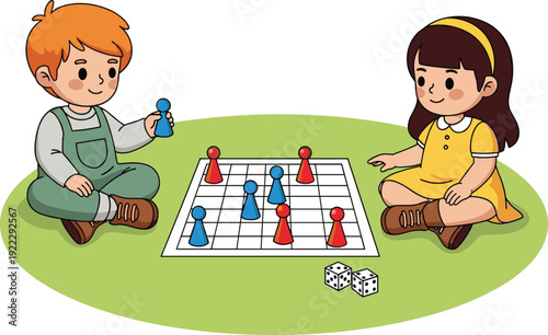 Cartoon illustration of a little boy and girl sitting on a green rug playing a board game with dice and colorful game pieces