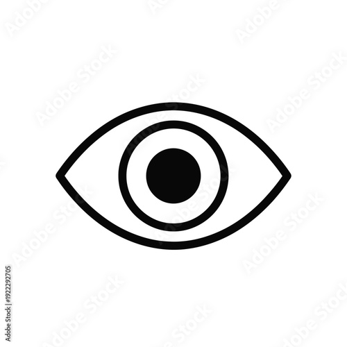 Simple black and white icon of an eye with a pupil and iris, representing vision, sight, or observation in a minimalist design
