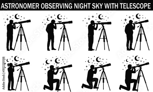 Astronomer observing night sky with telescope, silhouette vector illustration set, stargazing people, moon and stars background, astronomy hobby concept isolated