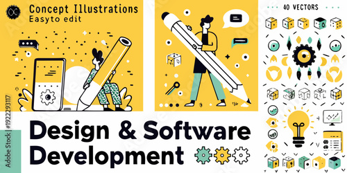 Colorful design and software development illustration with various tech elements