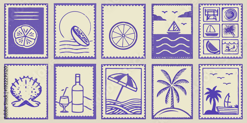 Vintage style postage stamps depicting summer and tropical imagery
