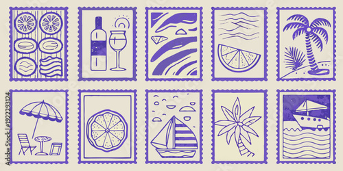 A collection of nine vintage style postage stamps with summer themes