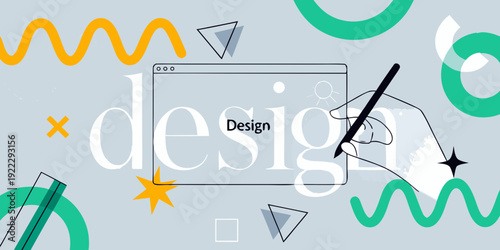 A digital design concept with a laptop hand and abstract shapes