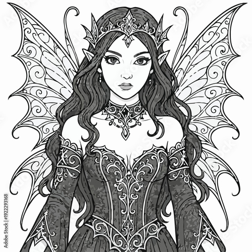 Intricate black and white coloring page featuring a majestic dark fairy queen wearing an elaborate crown and gown.