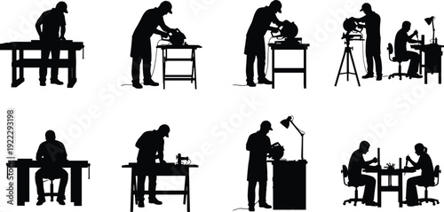 Carpenter and craftsman silhouettes set, black vector illustration of woodworking, sawing, drilling, workshop tools, professional manual labor isolated background