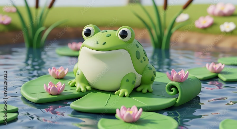 Fototapeta premium Cute Cartoon Frog on Lily Pad in Pond