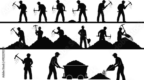 Coal miner silhouette collection, black vector illustration of mining workers with pickaxe, shovel, cart, industrial labor activity isolated background