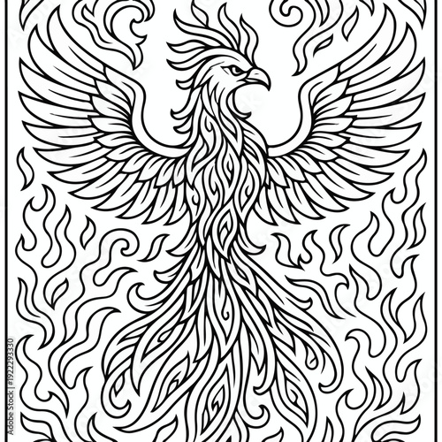 Majestic mythical phoenix bird rising dramatically from vibrant surrounding flames in detailed line art illustration