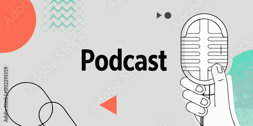 Podcast graphic featuring a microphone and abstract geometric shapes