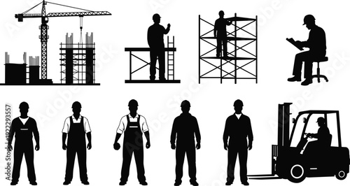 Construction site workers silhouettes set, black vector illustration with crane, scaffolding, engineer, forklift operator, industrial building industry isolated background