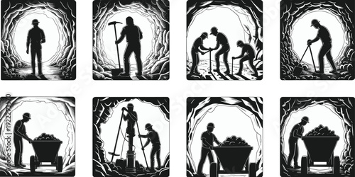 Coal miners working underground tunnel, black and white vector illustration set, mining industry workers with tools, cart, excavation scene isolated