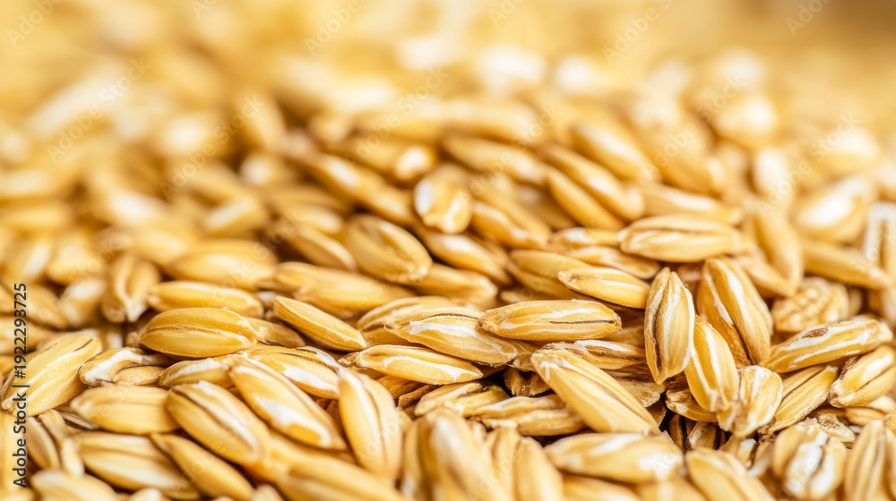 Obraz premium Close up view of whole grain oats showing texture and details on the surface with blurred background
