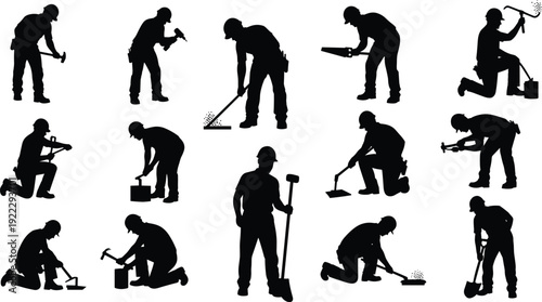 Construction worker silhouettes set, black vector illustration of builders with hammer, drill, shovel, manual labor industry tools isolated background