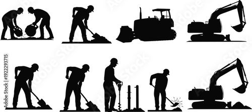 Construction workers and heavy machinery silhouettes, black vector illustration set with excavator, bulldozer, drilling, manual labor industry isolated background