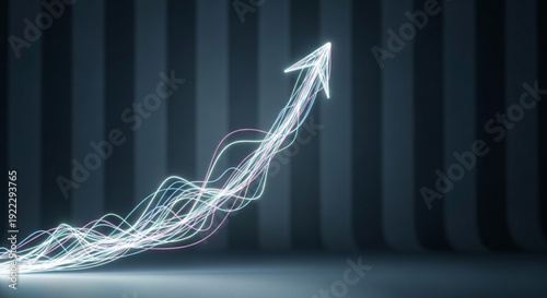 Glowing white arrow ascends upward in a dark room with a striped wall background symbolizing growth and progress