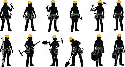 Female construction worker silhouettes set, black vector illustration with hard hat, tools, hammer, shovel, wrench, professional builder isolated background