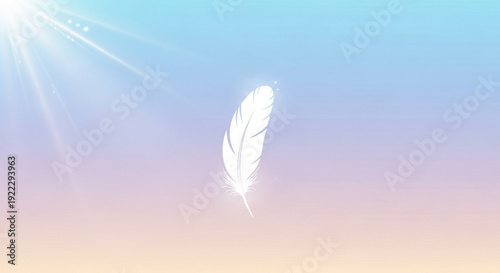 A delicate white feather floats gently in serene sky with warm sunlight and soft pastel colors