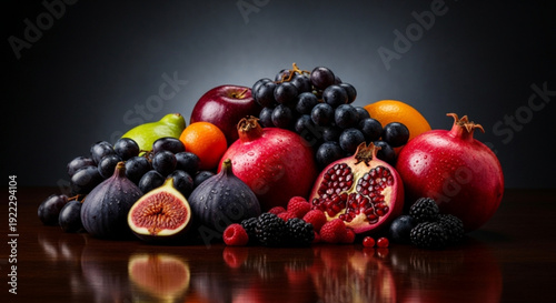 Assorted fresh fruits arrangement with pomegranates figs grapes on dark wooden table